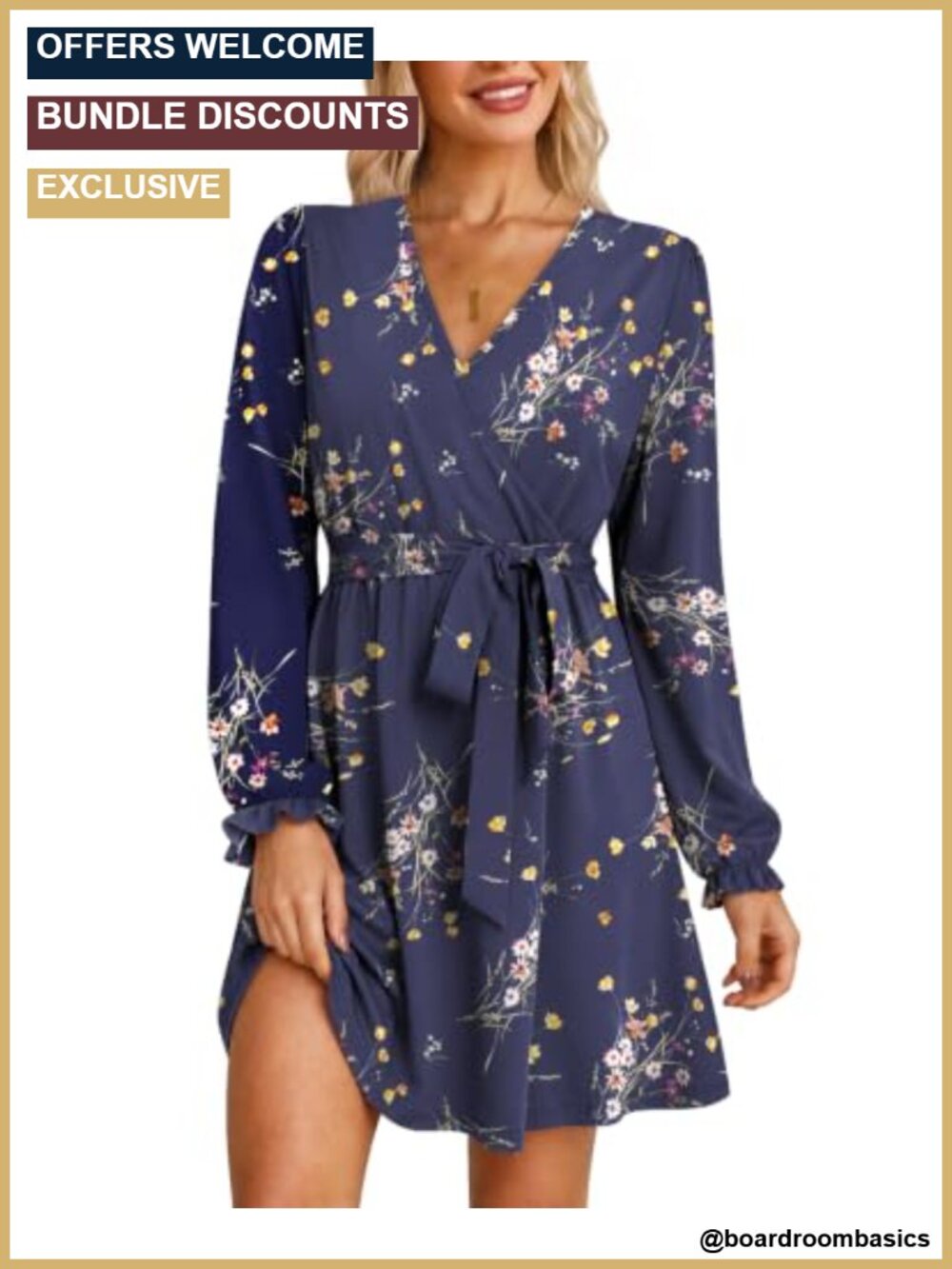 Womens Wrap V Neck Long Sleeve Belted A Line Knee Length Dress